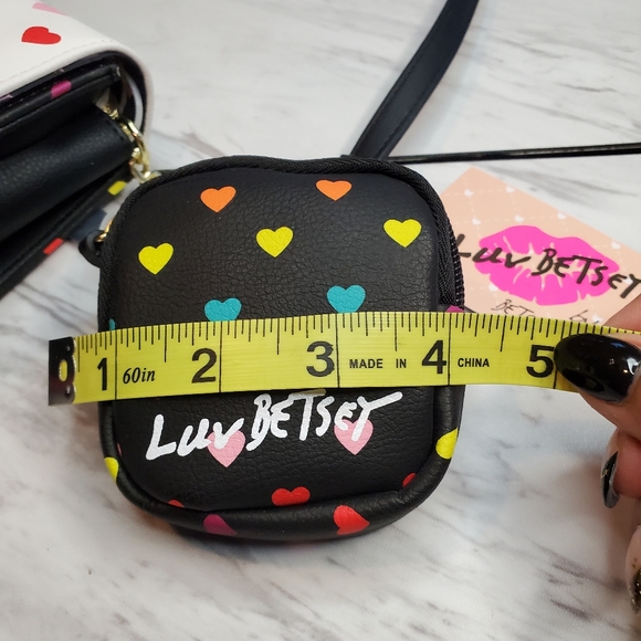 Luv Betsey Black and White Foley Purse with Rainbow Hearts and Earbud Pouch - Picture 3 of 8